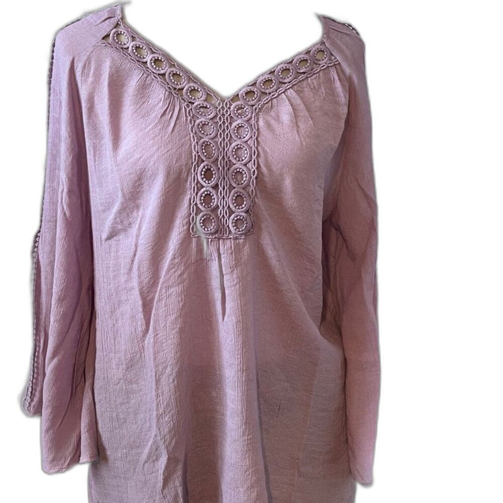 Zac & Rachel Womens Crochet Trim Blouse Kimono Sleeve Pullover Mauve Size Large